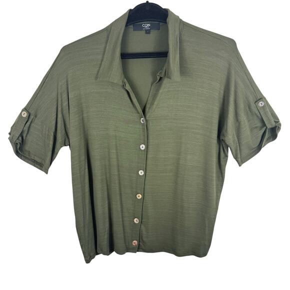 Coin 1804 Green Collared Short Roll Tab Sleeve Knit Button Up Blouse Size L - Picture 1 of 6